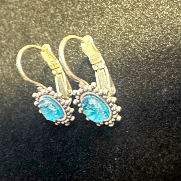 Baked Beads Lever Back Silver Earrings with bright blue gem - Picture 3 of 5